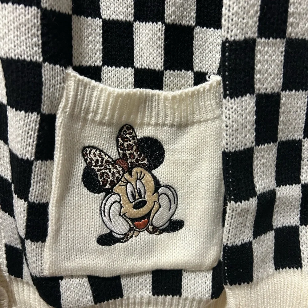 NEW Black & Off White Checkerboard Cardigan Sweater with Mickey Pockets - Picture 3 of 4